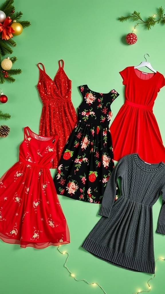 A collection of stylish Christmas dress outfits for holiday parties, featuring a variety of colors and styles.